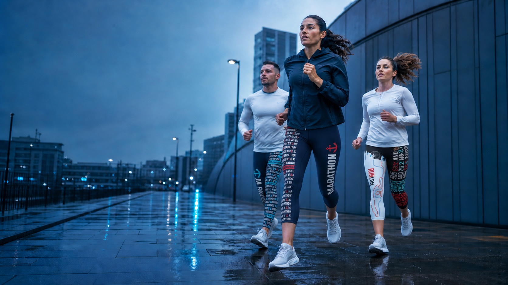 Three recreational runners wearing Vibragear leggings on an early morning city run